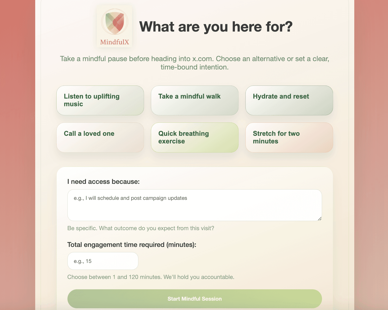 MindfulX Intervention Screen