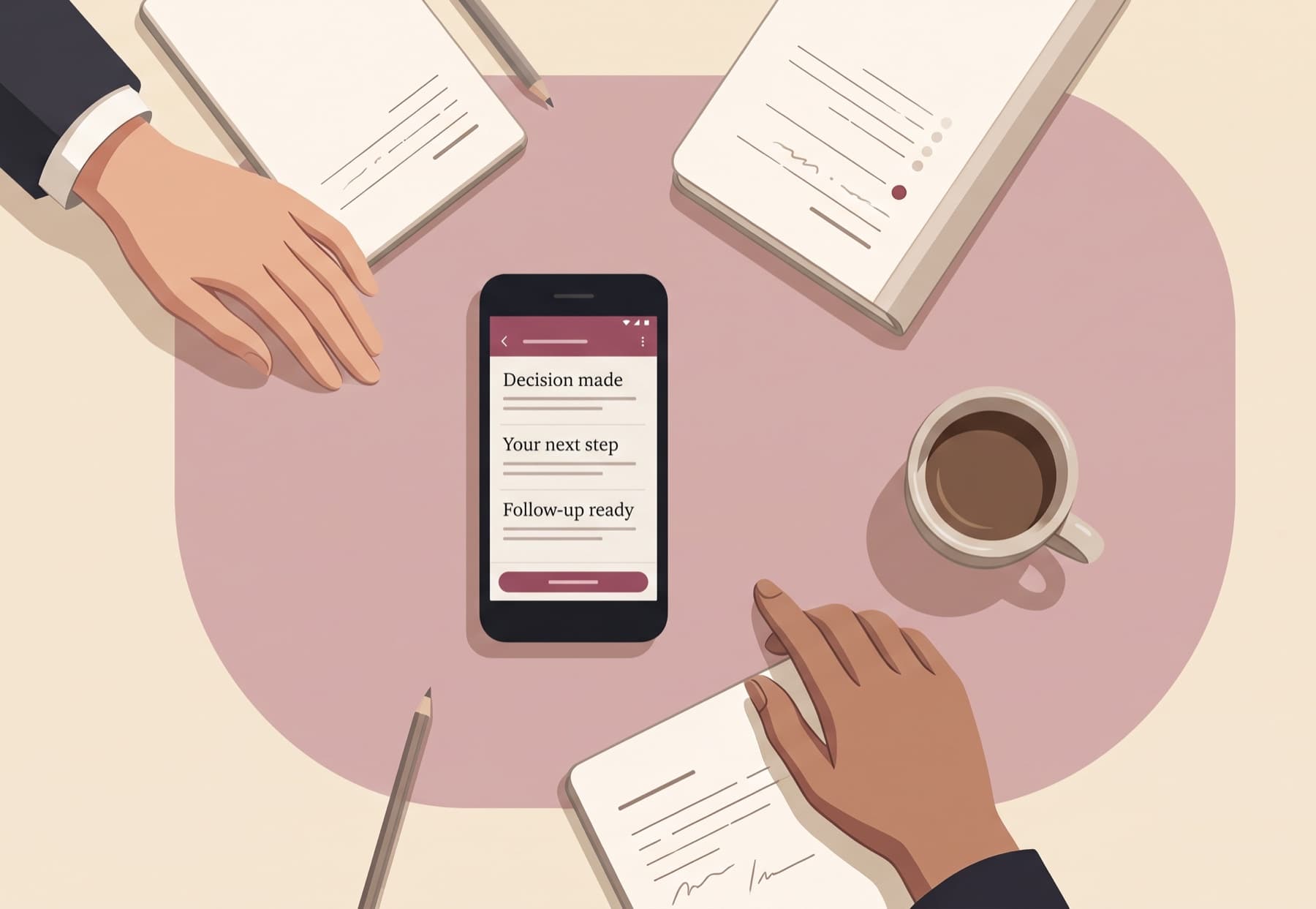 An in-person meeting around a phone showing a decision, next step, and follow-up.